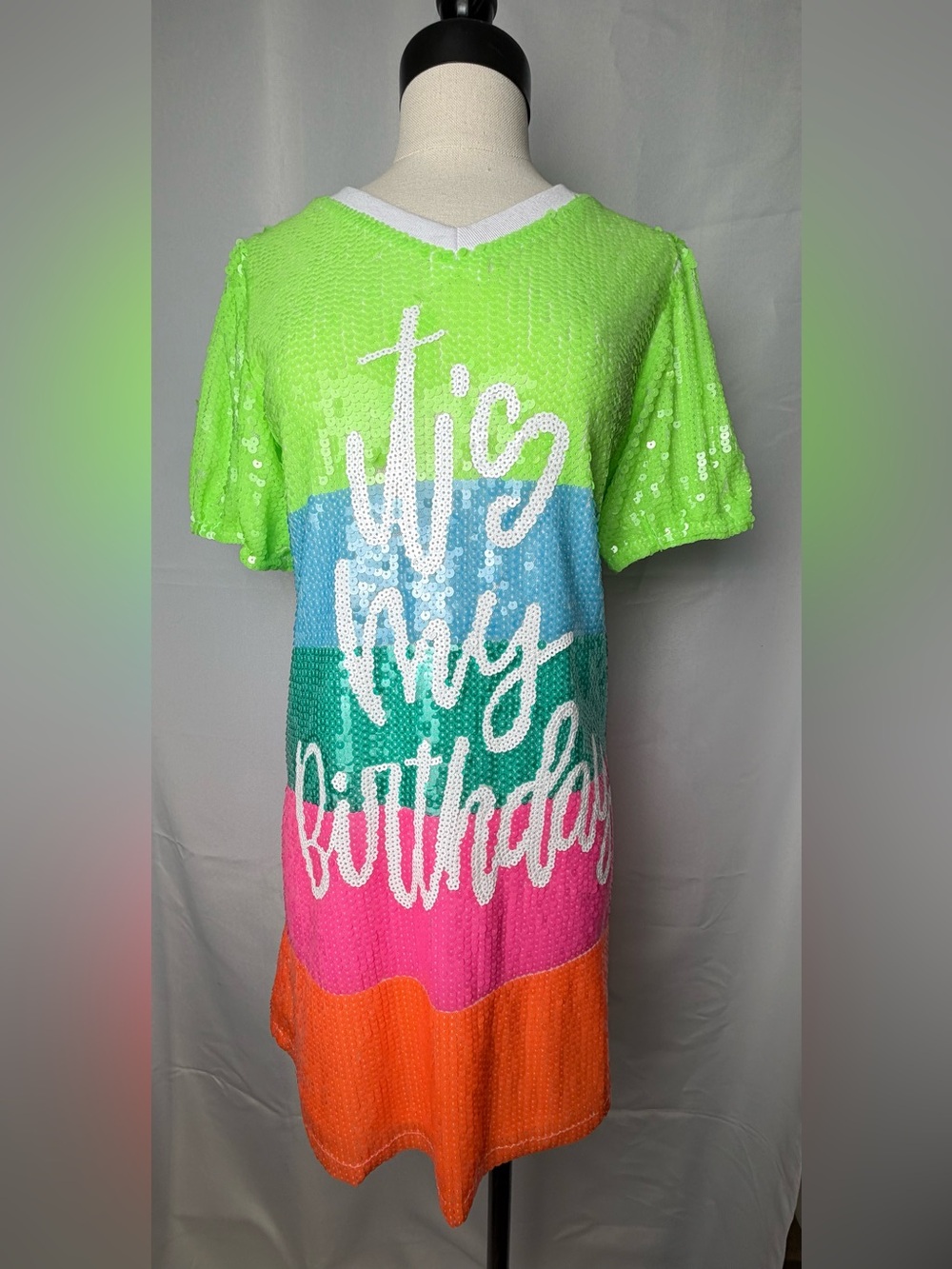 WHY Dress It’s My Birthday Rainbow Sequin Shift Dress Size Small Party Vegas.